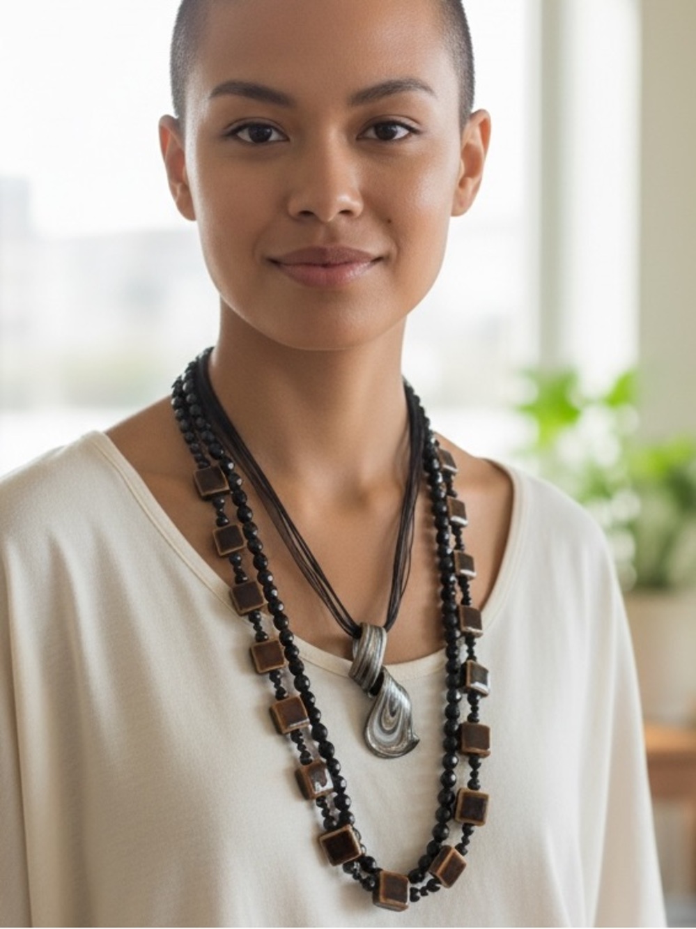 3 VTG BEADED NECKLACES ABSTRACT LAMPWORK FACETED & SQUARE POTTERY STRANDS BOHO